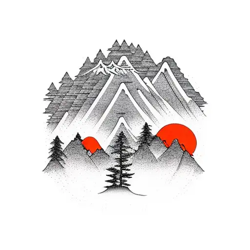 Beach With Mountains And Pine Trees