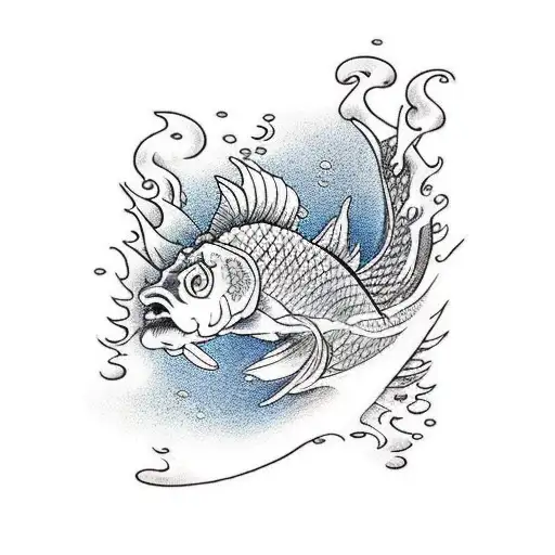 Carp Swiming In A Waterfall With A Dragon On Tje Top