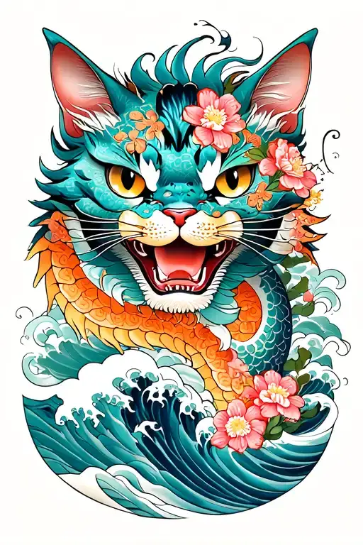 Japanese Dragon Flowers Clouds Waves Masks Cats