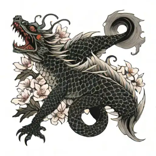 Dragon And Koi Fish With Cherry Blossoms And Japanese Waves