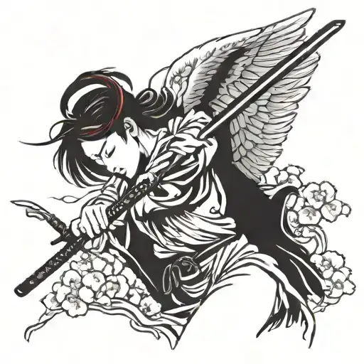 Angel Girl With Blindfold And Katana In Her Hands