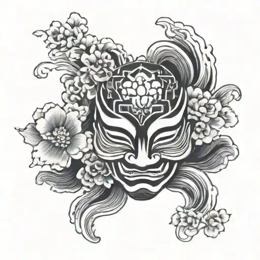 Hanya Mask With Waves And Lotus Flower Blooming