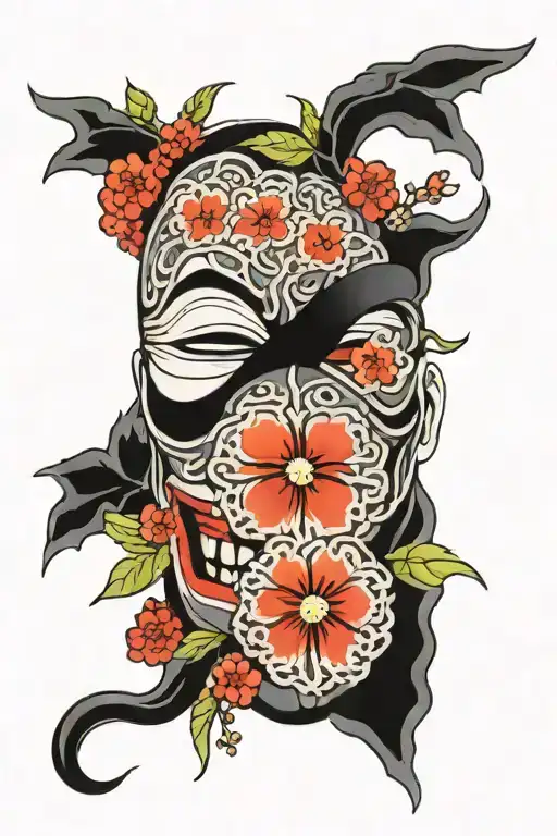 One Mask With Rising Sun Behind It And Cherry Blossoms On The Side In Color