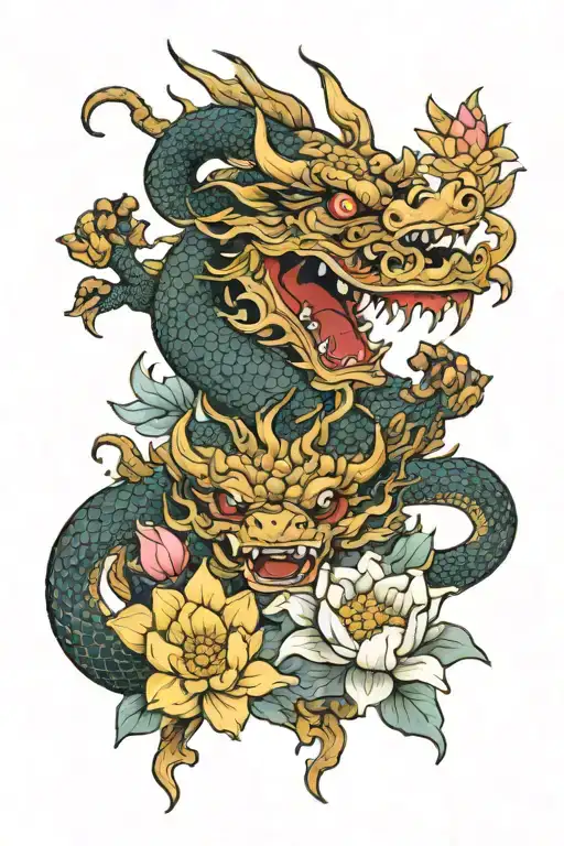 Dragon With Lotus Flower And Oni Mask