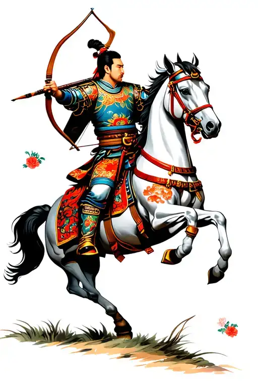 Male Japanese Archer Riding Horseback With Bow And Wearing Oni Armor