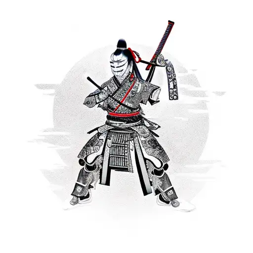 Samurai Girl With Katana In Oni Mask In Cyberpunk Style