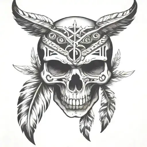 A Skull With Native American Tribal Patterns And Feathers