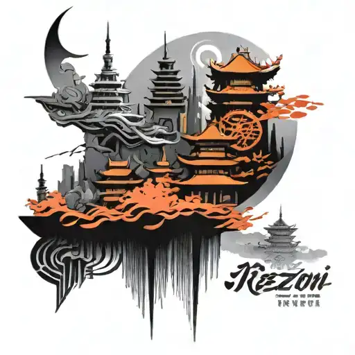 Create A Tattoo Of A Futuristic Cityscape With Hidden Car Motifs Throughout