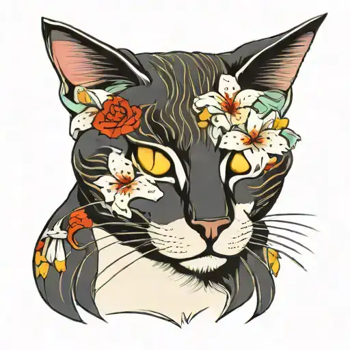 White Cat With Yellow Eyes And Lily Flower