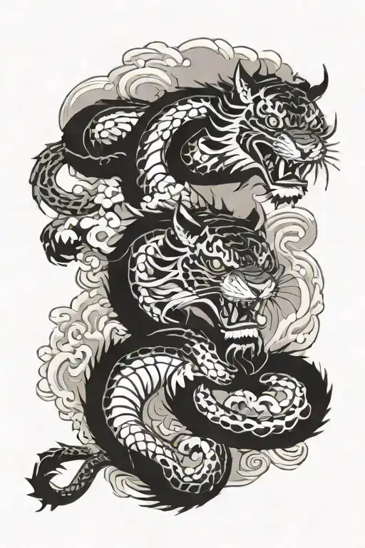 A Tiger And A Dragon Twisting Around The Forearm Black And White