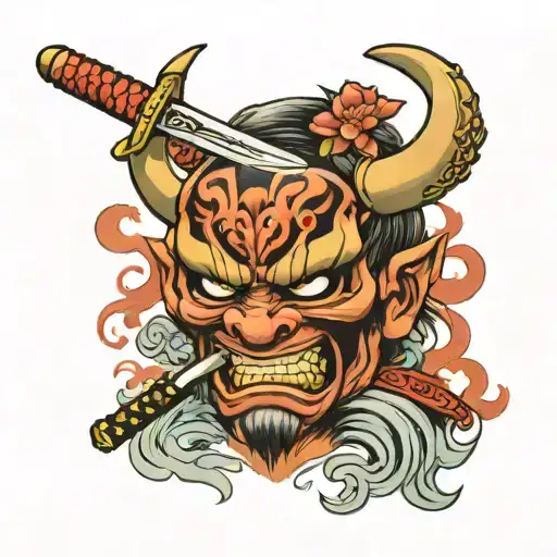 An Oni Mask Bitting On A Samurai Sword