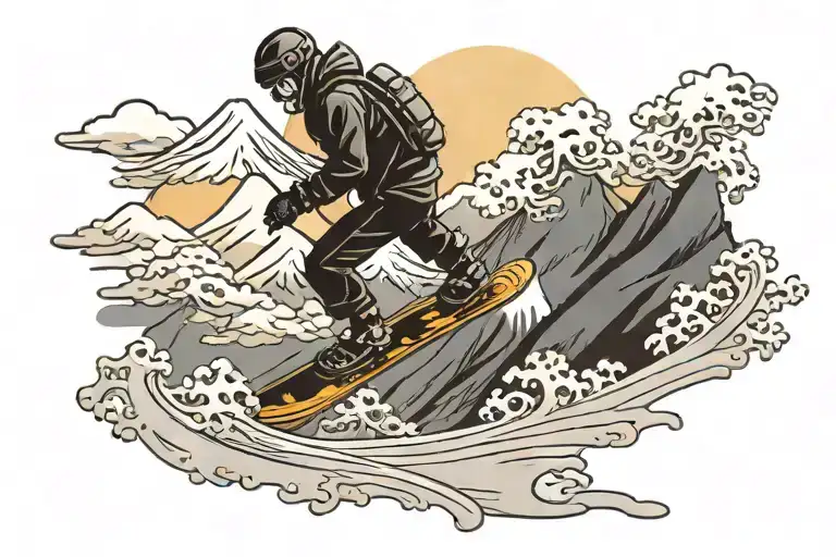 A Snow Boarder Going Down Mount Fuji With A Rising Sun In The Background