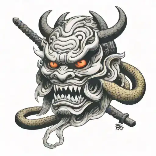 Oni Mask Bring On The Handle Of A Samurai Sword And It Pointing Down With A Snake Wrapped Around It