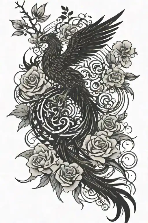A Phoenix Rising From A Bed Of Roses Intertwined With Musical Notes