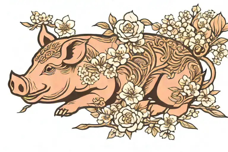 Lao Asian Pig And Kopi Fish Surrounded With Cherry Blossom