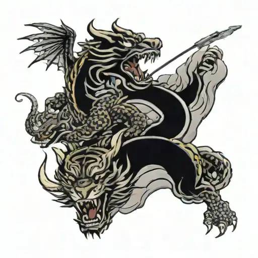 A Dragon And Tiger Locked In Battle On Top Of A Mountain