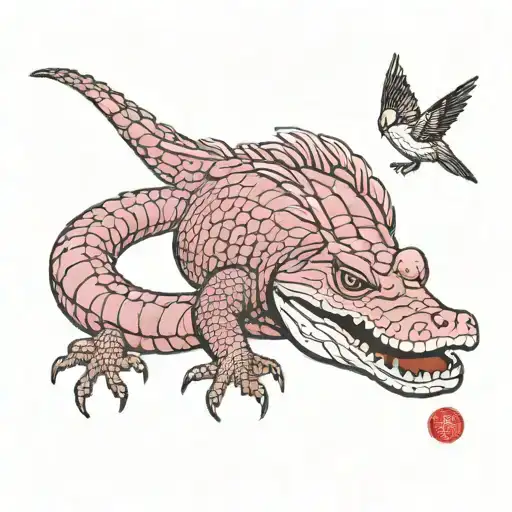 Pink Alligator With A Bird Perched