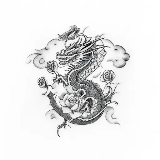 Dragon With Pocket Watch And Roses On Full Chest