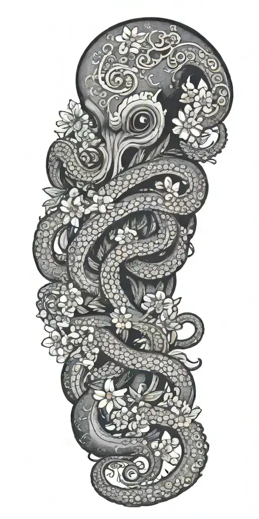 Goth Octopus Wrapped Around Flowers And Wind