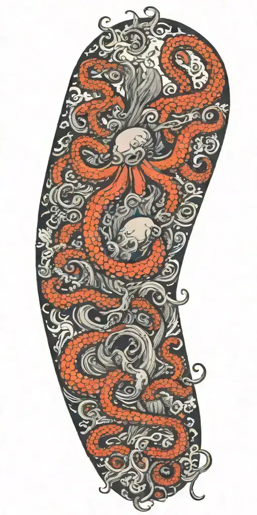 Gothic Octopus Wrapped Around A Tree Full Of Birds And Wind Blowing Through Fire