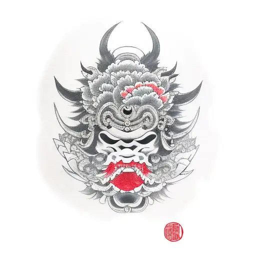 Oni Mask With Peonies In Background