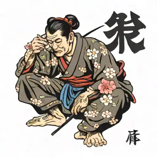 Sammuri On Knees About To Use A Seppuku With Cherry Blossom Tree In Background
