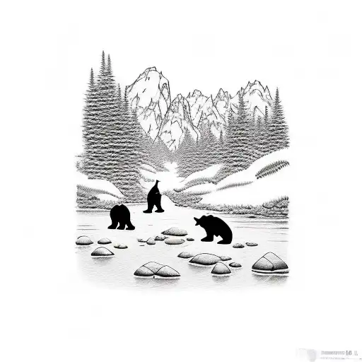 Bear Family Crossing River In The Grand Teton Mountains