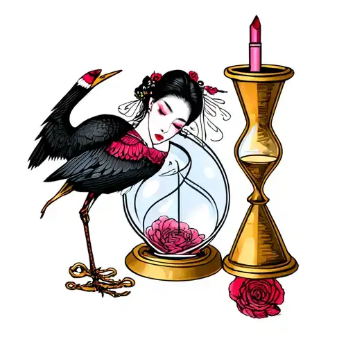 Crane And Pink Viasage Of Woman With A Lipstick Sewn Stuck In A Hourglass