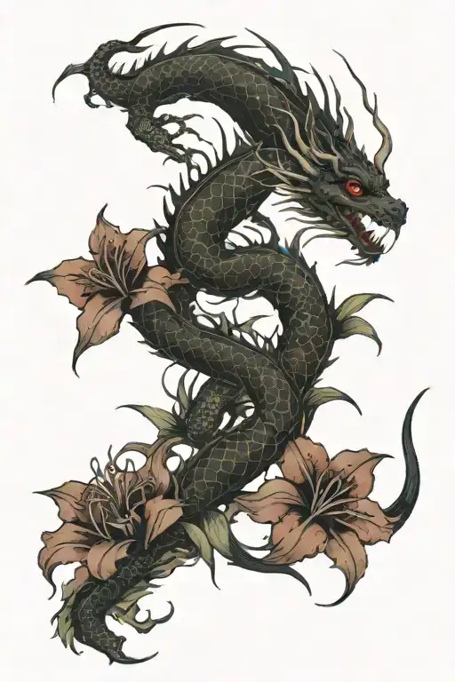 A Bouquet Of Red Spider Lilys And A Dragon