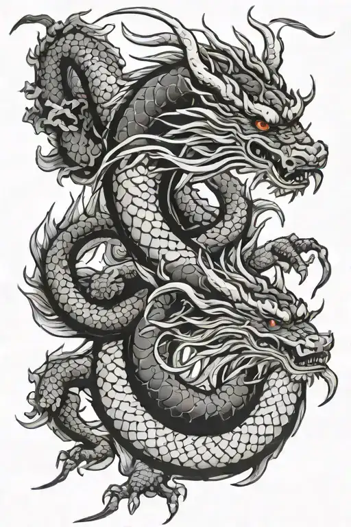 Japanese Red Dragon Ink Line Art