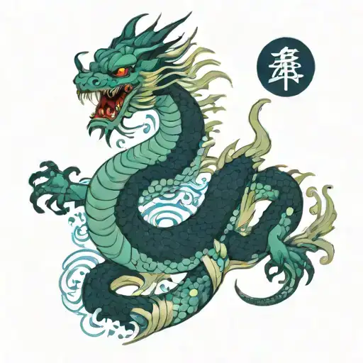 Japanese Dragon With Water And Teal And Blue Color