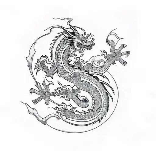 Japanese Temple And Dragon With Orthodox Cross