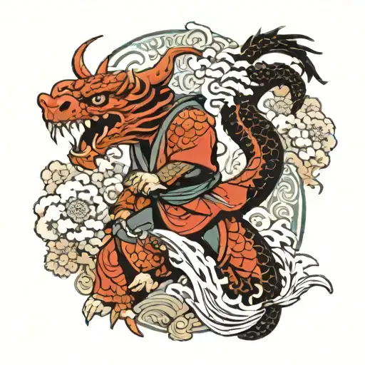 Dragon Riding Human In Samurai Mask With Nature Relief And