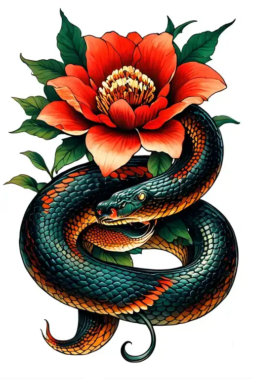 Snake Coiled Around A Single Flower