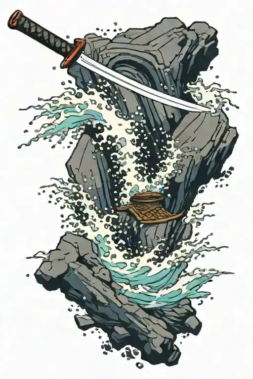 Waves Crashing On Rocks More Rocks With A Katana Stuck In Those Rocks Japanese Style Art