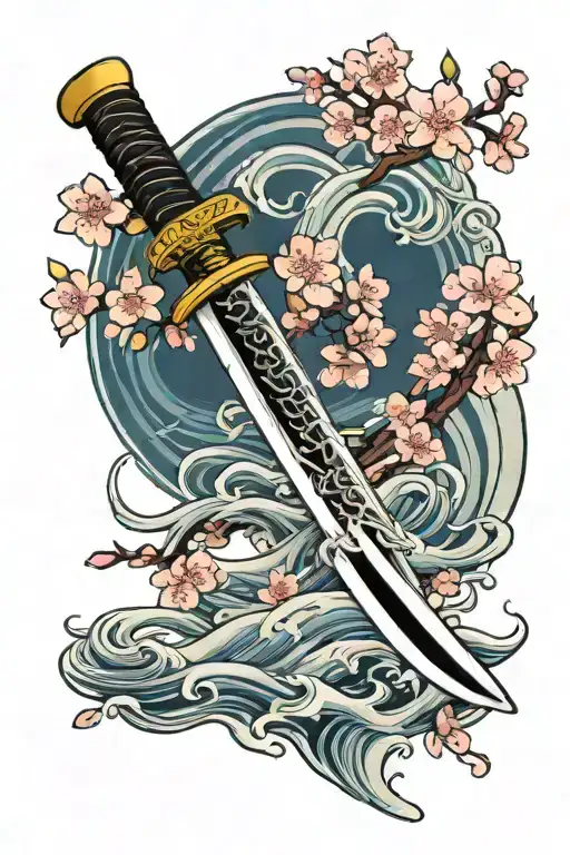 A Traditional Japanese Katana Sword With Cherry Blossoms And Waves