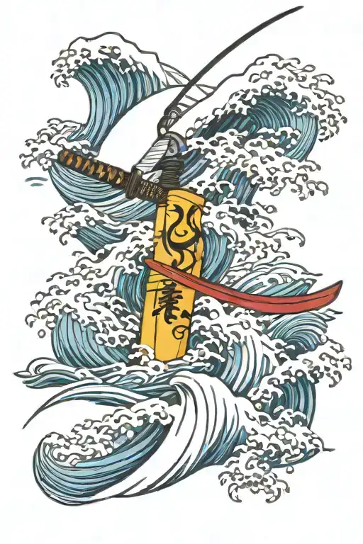Waves Crashing On A Rock With A Katana Stuck In Those Rocks Japanese Style Art