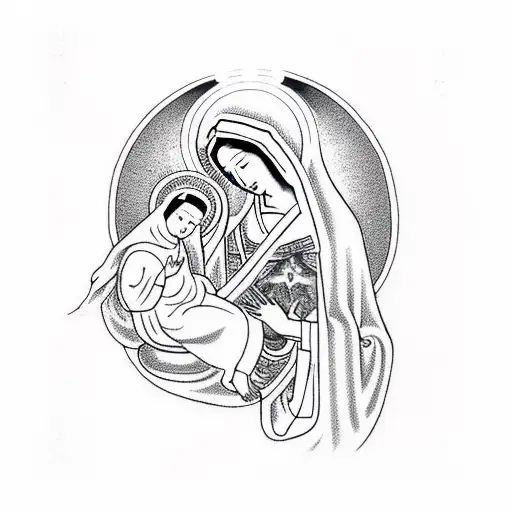 Virgin Mary And Baby Jesus With Halos