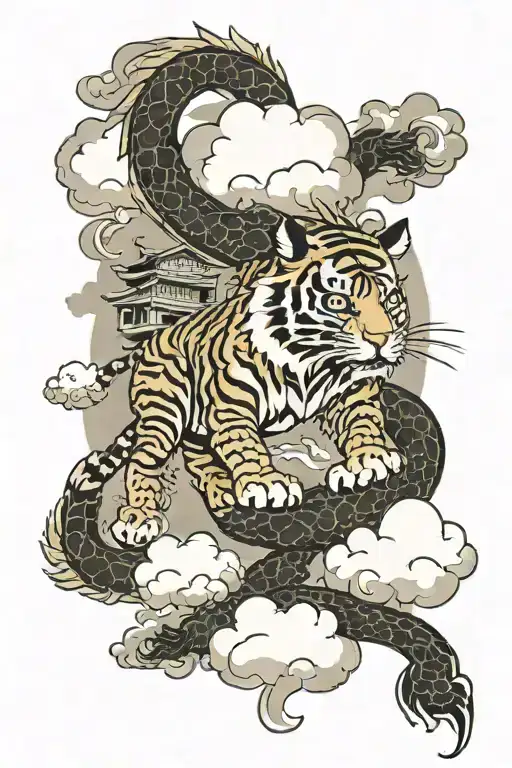 Tiger And Dragon With Clouds And Traditional Japanese Buildings In The Background