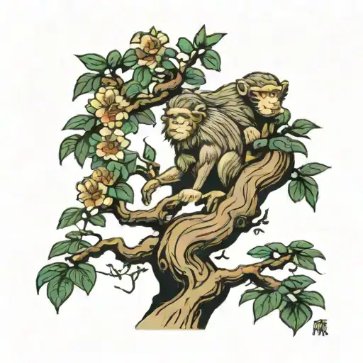 Bonsai Tree With Monkey Hanging From A Branch