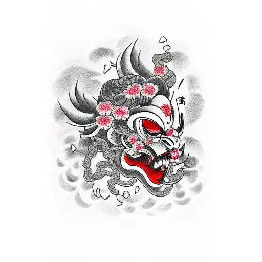 Oni Mask With Cherry Blossoms In Background
