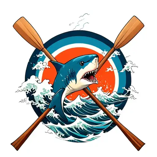 Shark In Front Of Crossed Rowing Oars With Waves Flowing