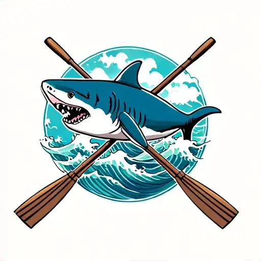 Shark In Front Of Crossed Rowing Oars With Waves Flowing