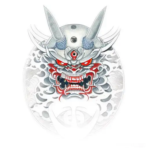 Katana With Half Oni Demon Mask Behind It