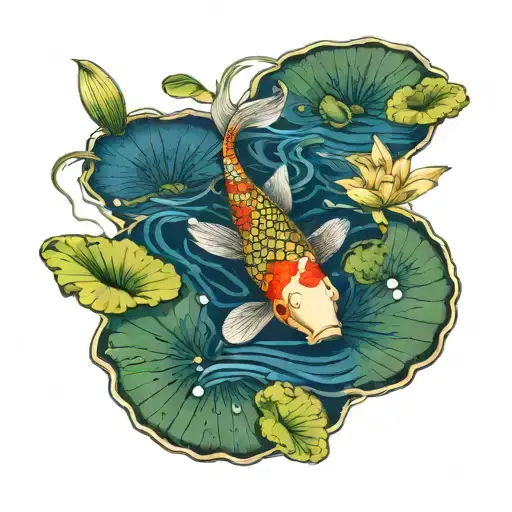 Realistic Gold Koi Fish Swimming Among Lily Pads