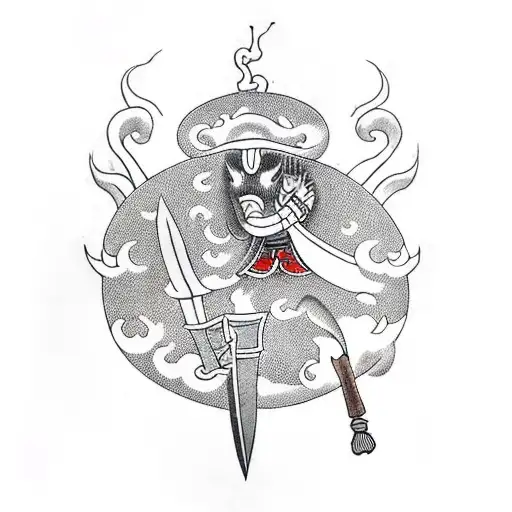 Man Fighting Off Gullotine With A Sword