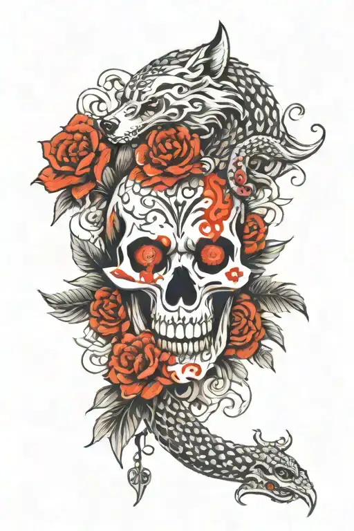 Wolf And Snake And Skull And Fire And Knife And Blood And Flower