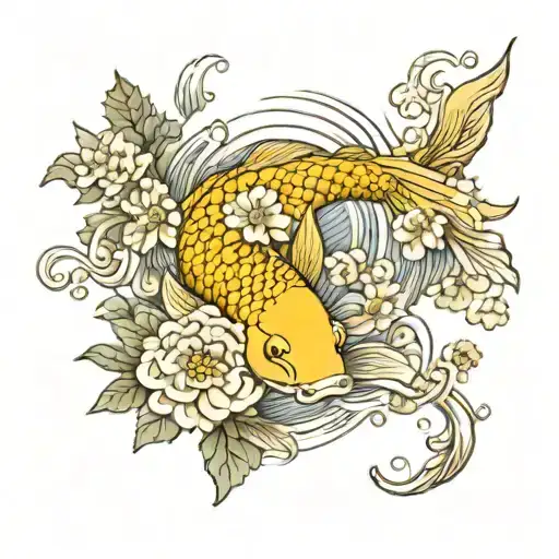 Realistic Gold Koi Fish Swimming Among Flowers