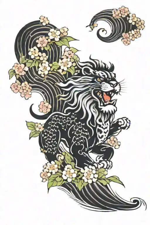 Shishi Lion With Waves And Cherry Blossoms