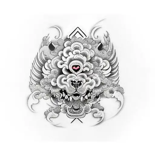 Foo Dog With Love Letter Symbol In Japanese Chest Piece